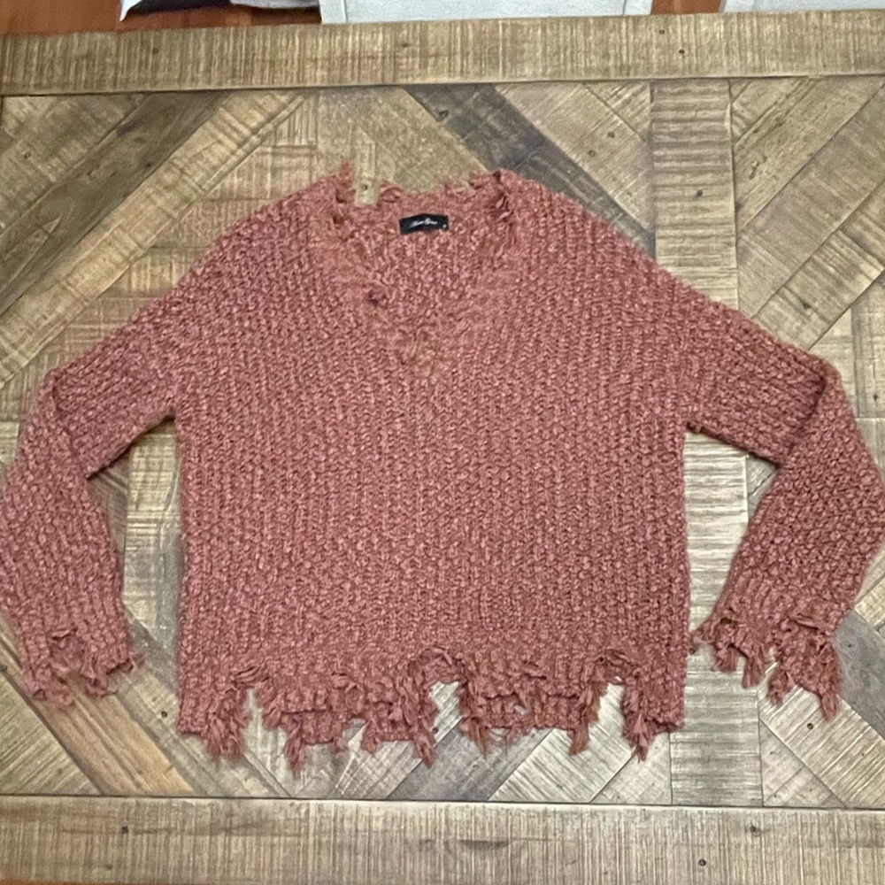 Anna Grace V-Neck Sweater with Frayed Hem - Brown